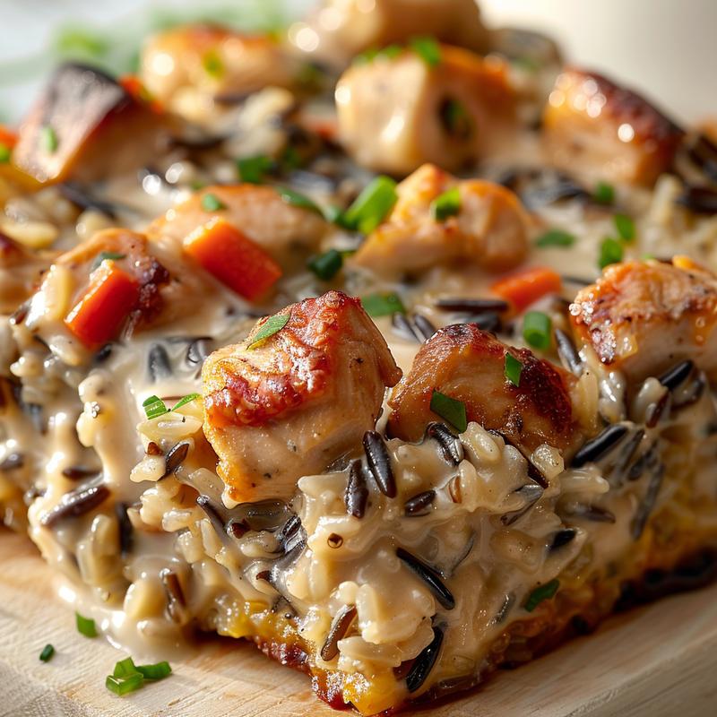 Close-up of creamy chicken and wild rice casserole on a wooden board.