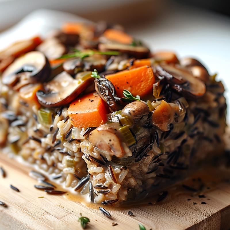 Close-up view of a serving of wild rice and mushroom casserole on a wooden board.