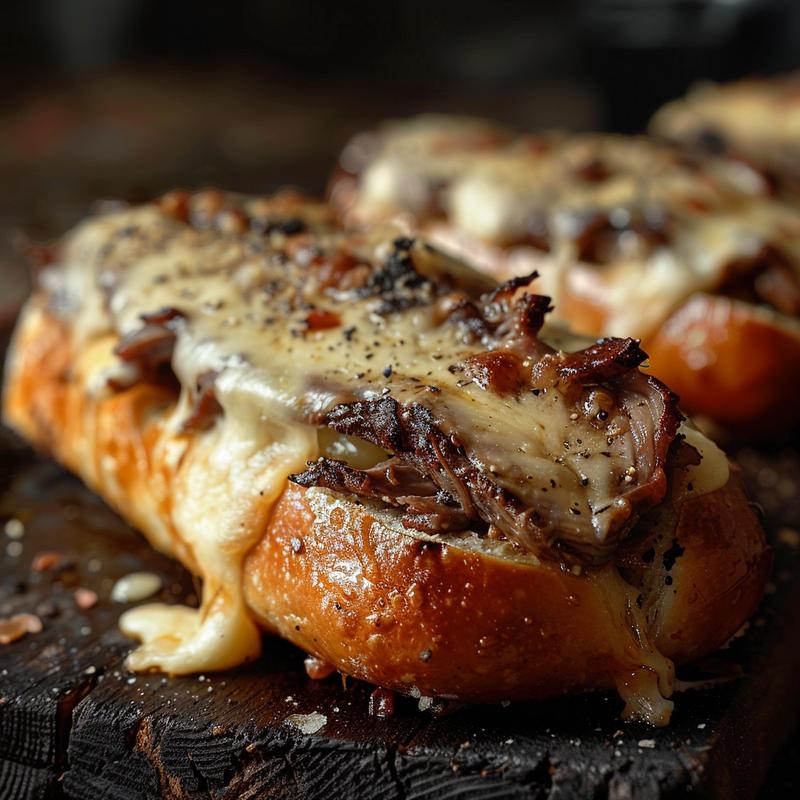 Close-up of keto Philly cheesesteak rolls on a dark wooden table, showcasing the melted cheese and beef filling.