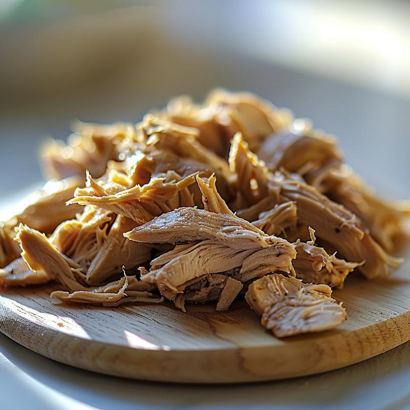Close-up of a serving of shredded chicken on a wooden board, highlighted by natural light.
