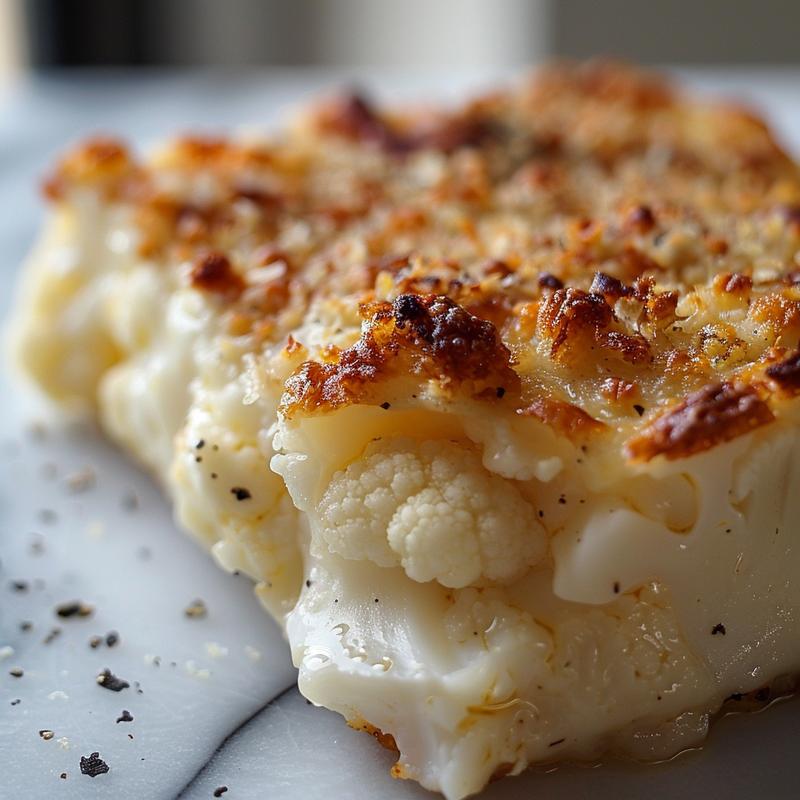 Close-up of a creamy cauliflower gratin with golden, crispy top on a white marble surface.