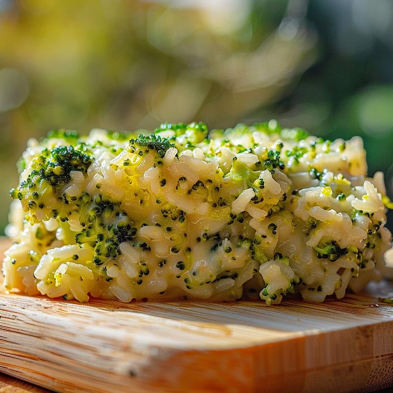 Close-up view of a portion of broccoli rice casserole on a wooden board.