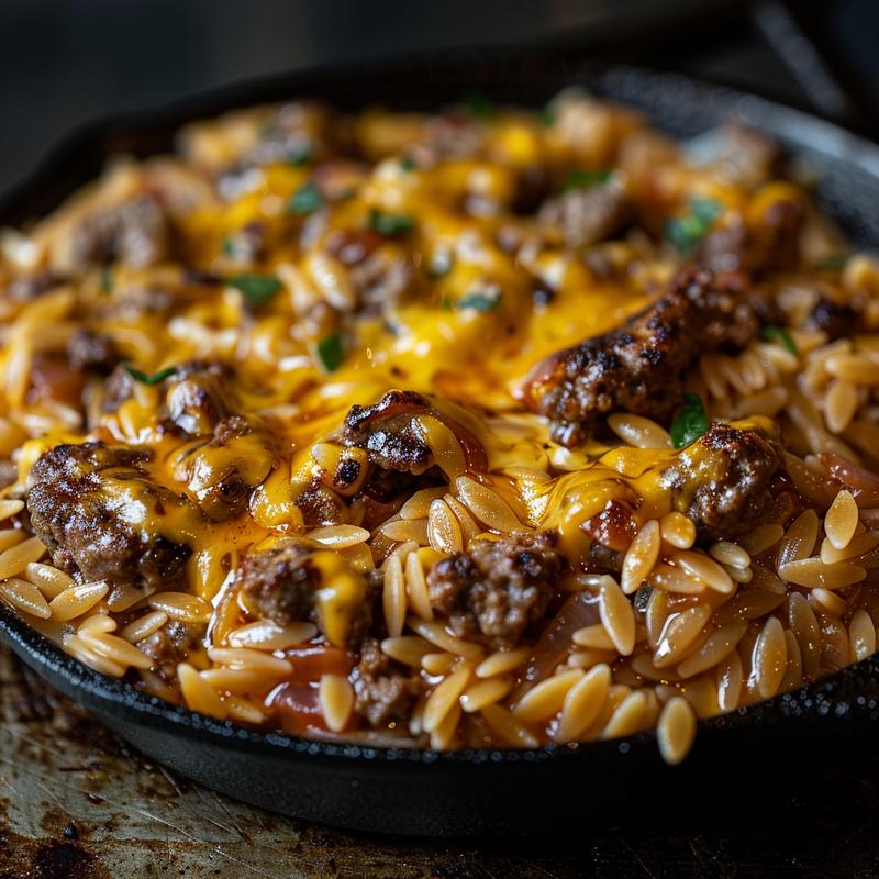 Close-up of a cheesy orzo skillet dinner inspired by cheeseburgers, showing rich textures.