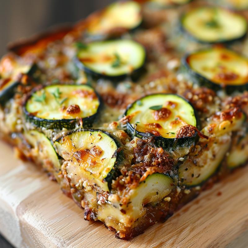 Close-up of a portion of savory zucchini casserole on a light wooden board.