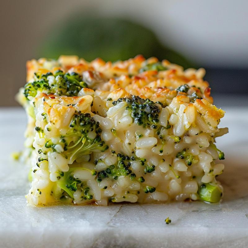 Close-up view of a portion of broccoli rice casserole on a white marble surface.