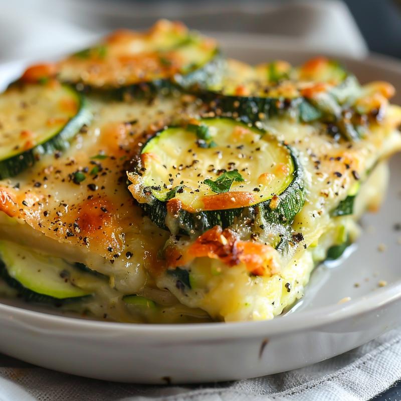 Close-up of a portion of zucchini casserole on a light grey plate.