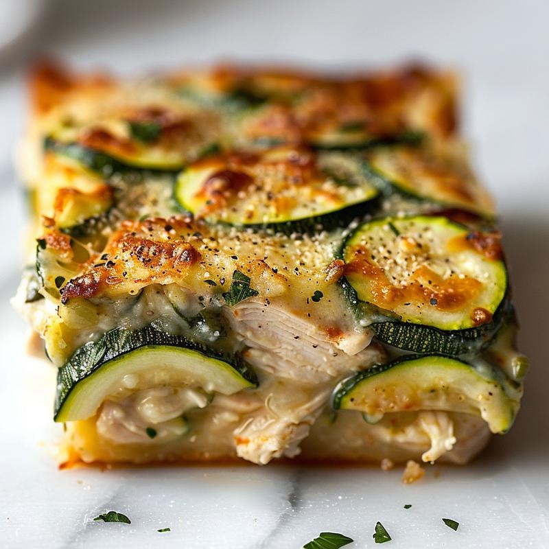 Close-up of a delicious chicken zucchini casserole on a white marble surface.