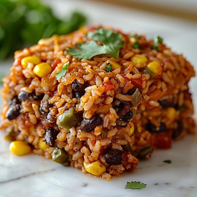 Close-up of a vibrant Mexican rice casserole on a marble surface.