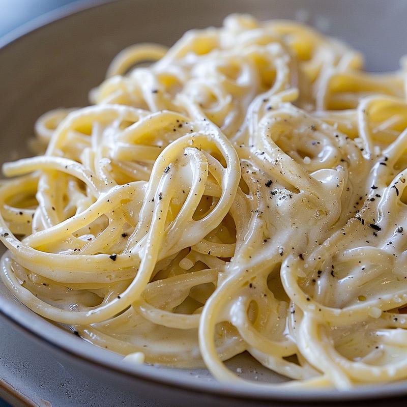 Close-up of a creamy spaghetti alfredo on a light grey ceramic plate.